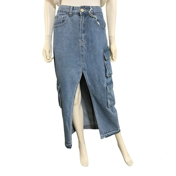 Flying Angel Medium Wash Cargo Denim Maxi Skirt, 27